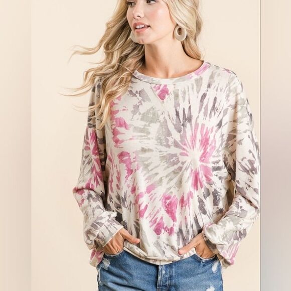 BiBi Tie Dye Print Terry Pull Over Women's Tie-Dye Long Sleeve Top sz Large - Picture 8 of 9